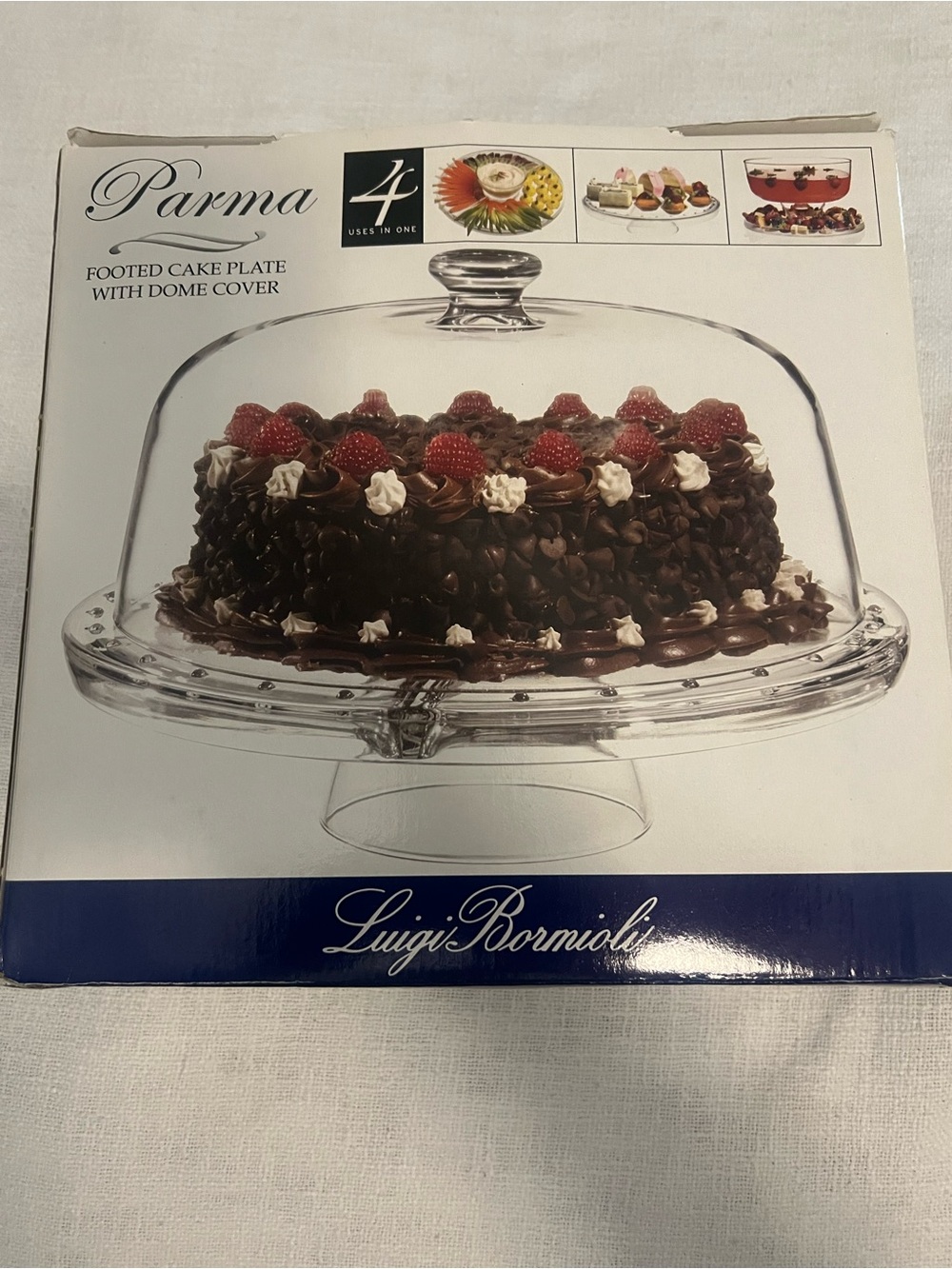 Luigi Bormioli Parma 4-in-1 Cake Plate with Dome - Clear Glass (New in Box)